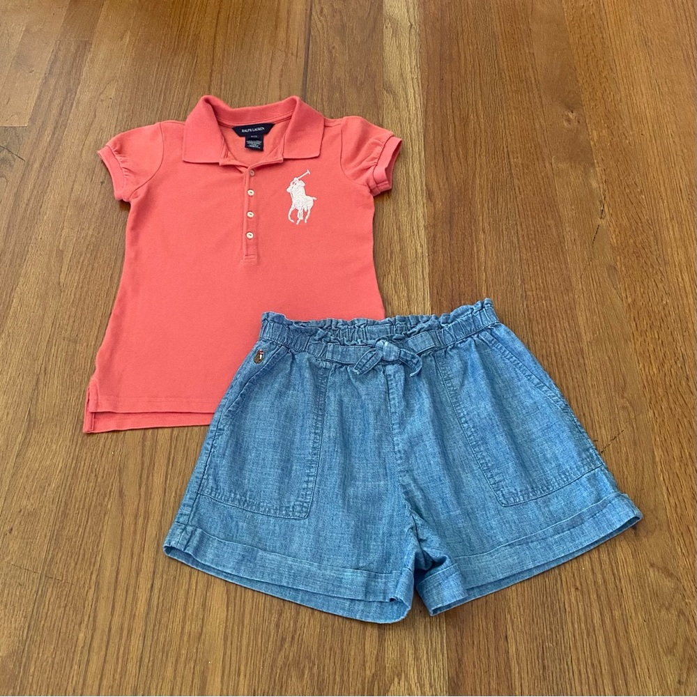 Ralph Lauren Coral Mesh Beaded Polo Shirt With Denim Shorts Set